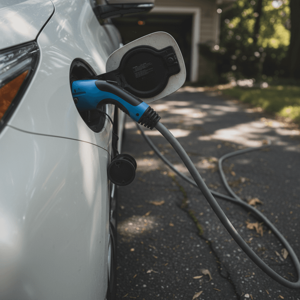 Charge cable connected to a plug-in hybrid charging port in a home driveway