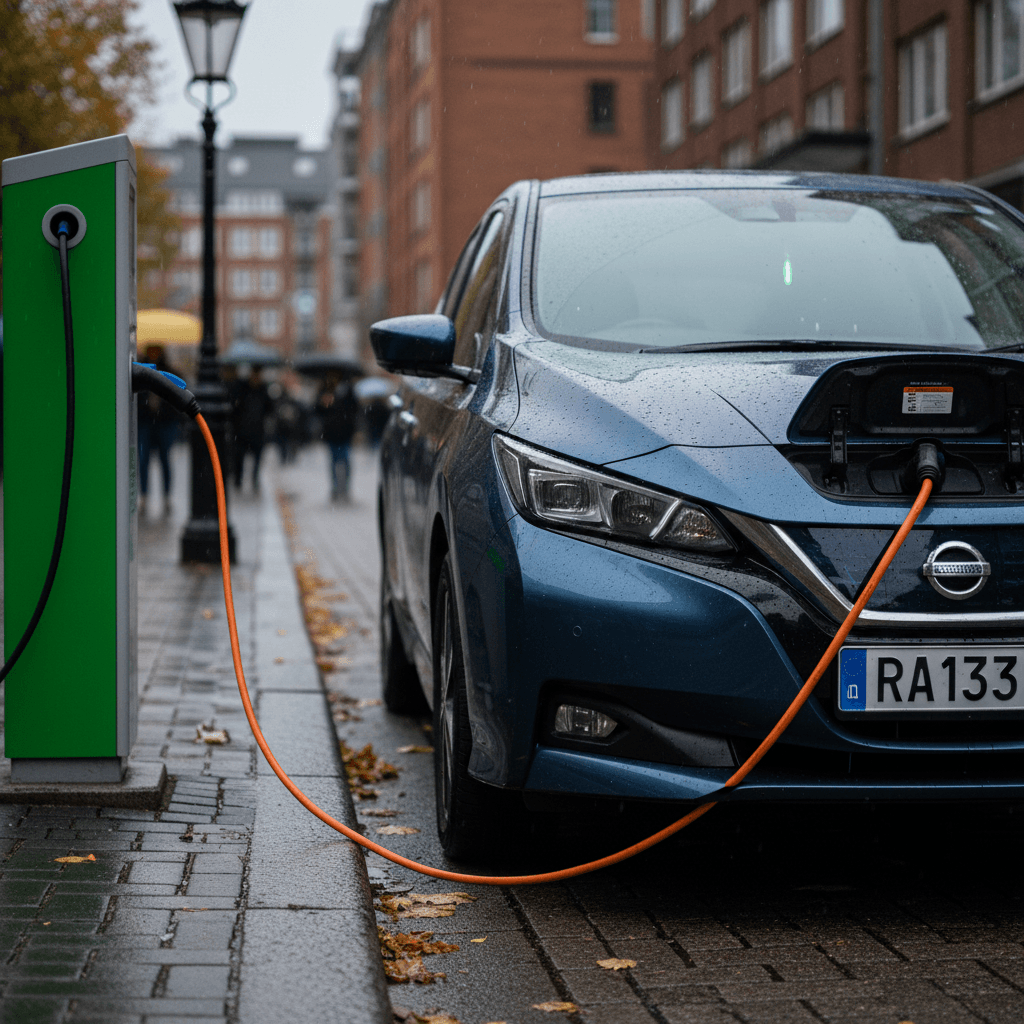 A Nissan Leaf parked on a city street, representing one of the cheapest new EVs in the USA.