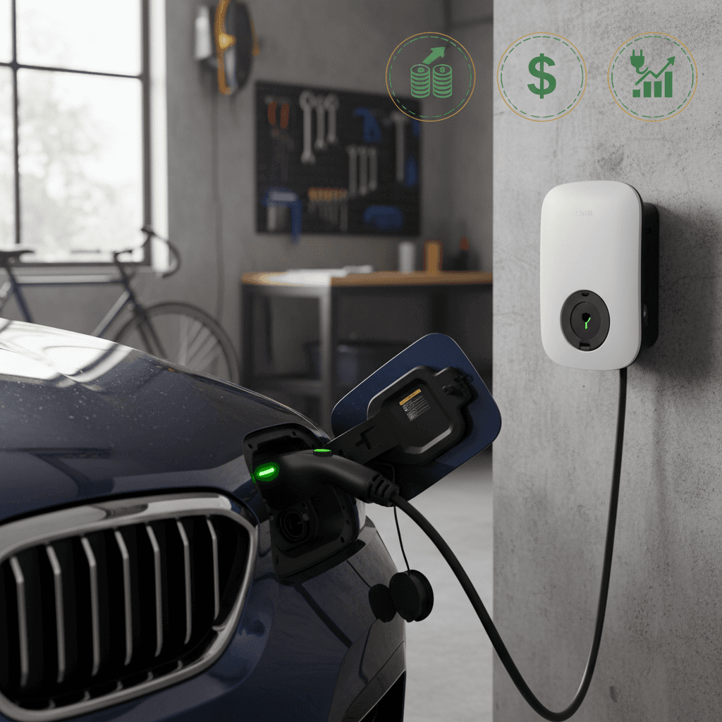 BMW i5 plugged into a Level 2 home charger, illustrating low yearly charging costs compared to gasoline