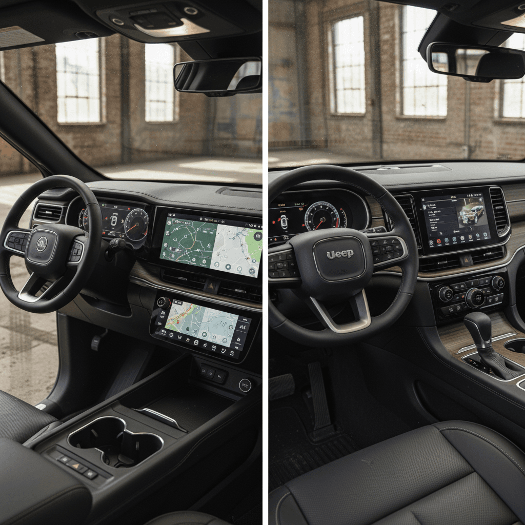 Side‑by‑side cabins of Rivian R1S and Jeep Grand Cherokee showing three‑row seating vs two‑row layout