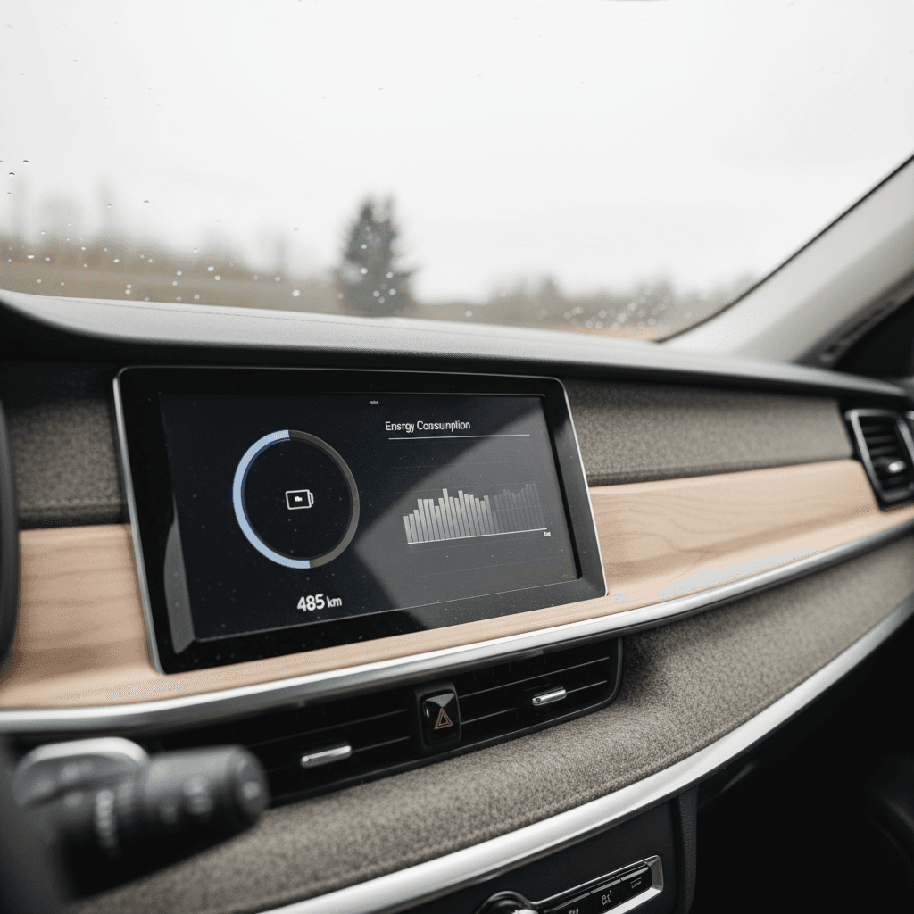 Volvo EX90 digital driver display showing remaining range and recent energy consumption on a highway drive