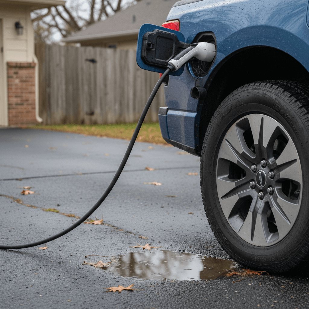 2022 Ford F-150 Lightning charging at a home Level 2 station in a suburban driveway