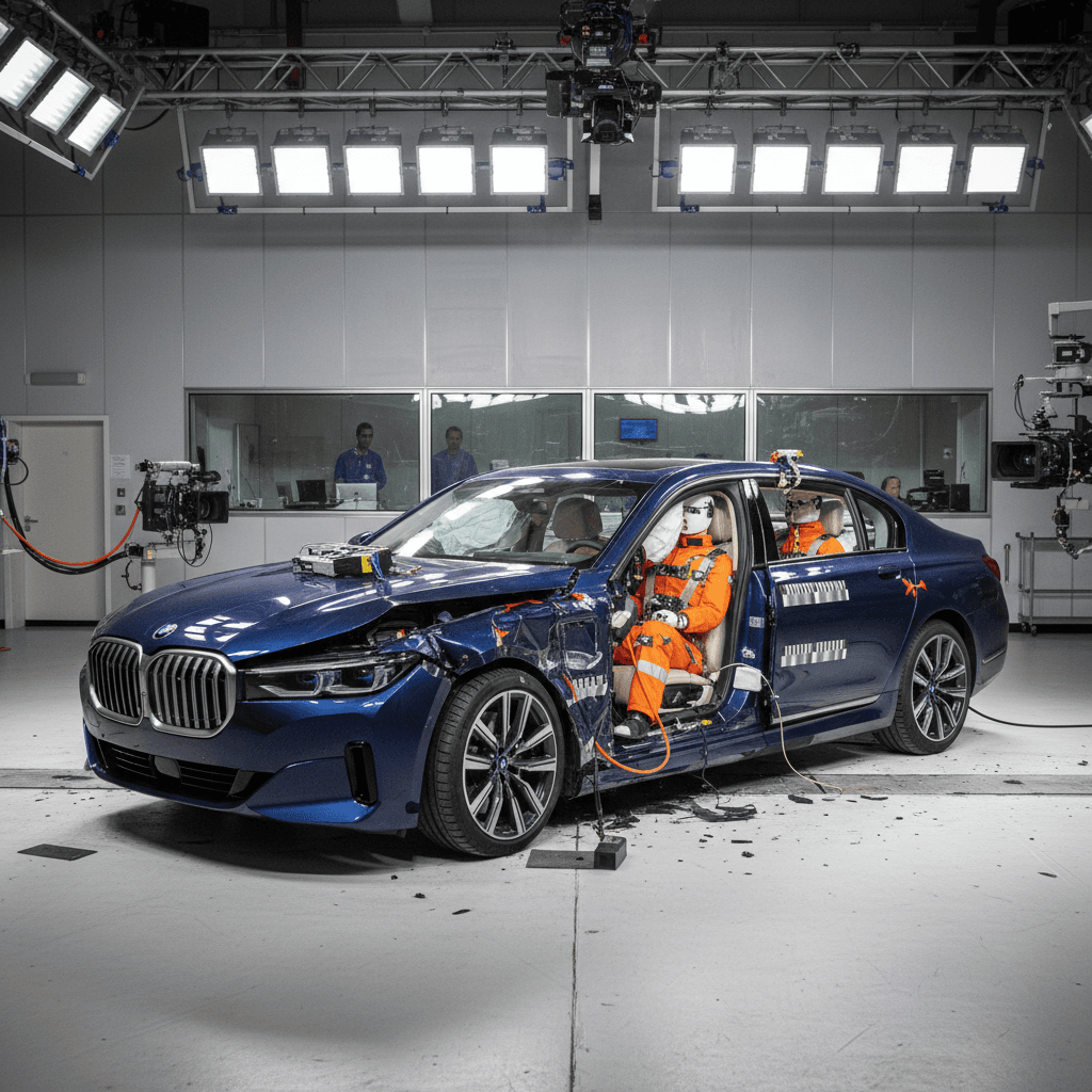 BMW i7 electric sedan prepared for crash testing with crash dummies and test equipment in a laboratory