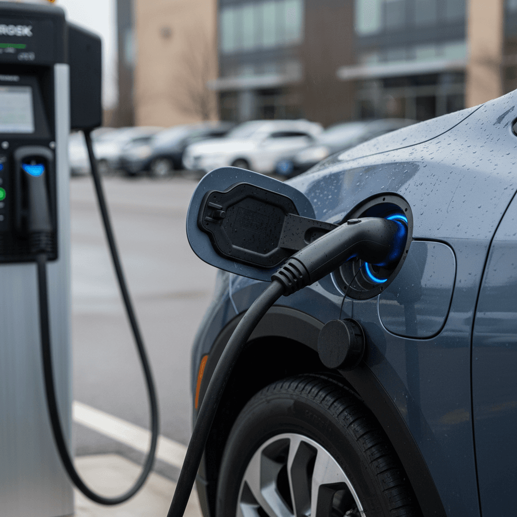Chevrolet Equinox EV charging port and cable connected at a public fast charger