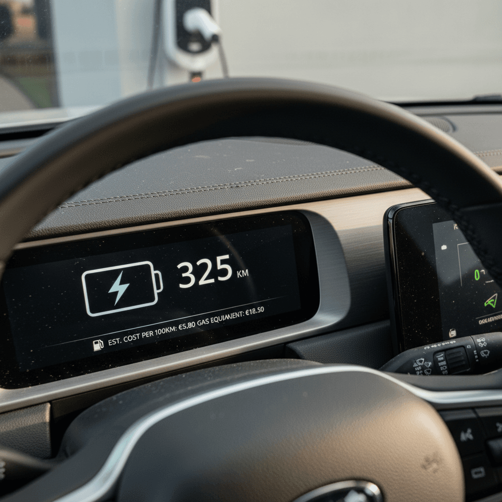 EV dashboard showing battery state of charge and estimated driving range