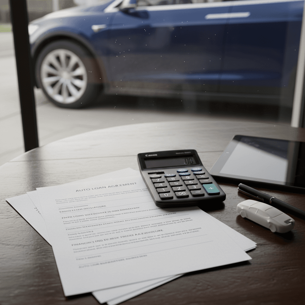 Person comparing used Tesla Model X financing offers on paper with a calculator and key fob on the table