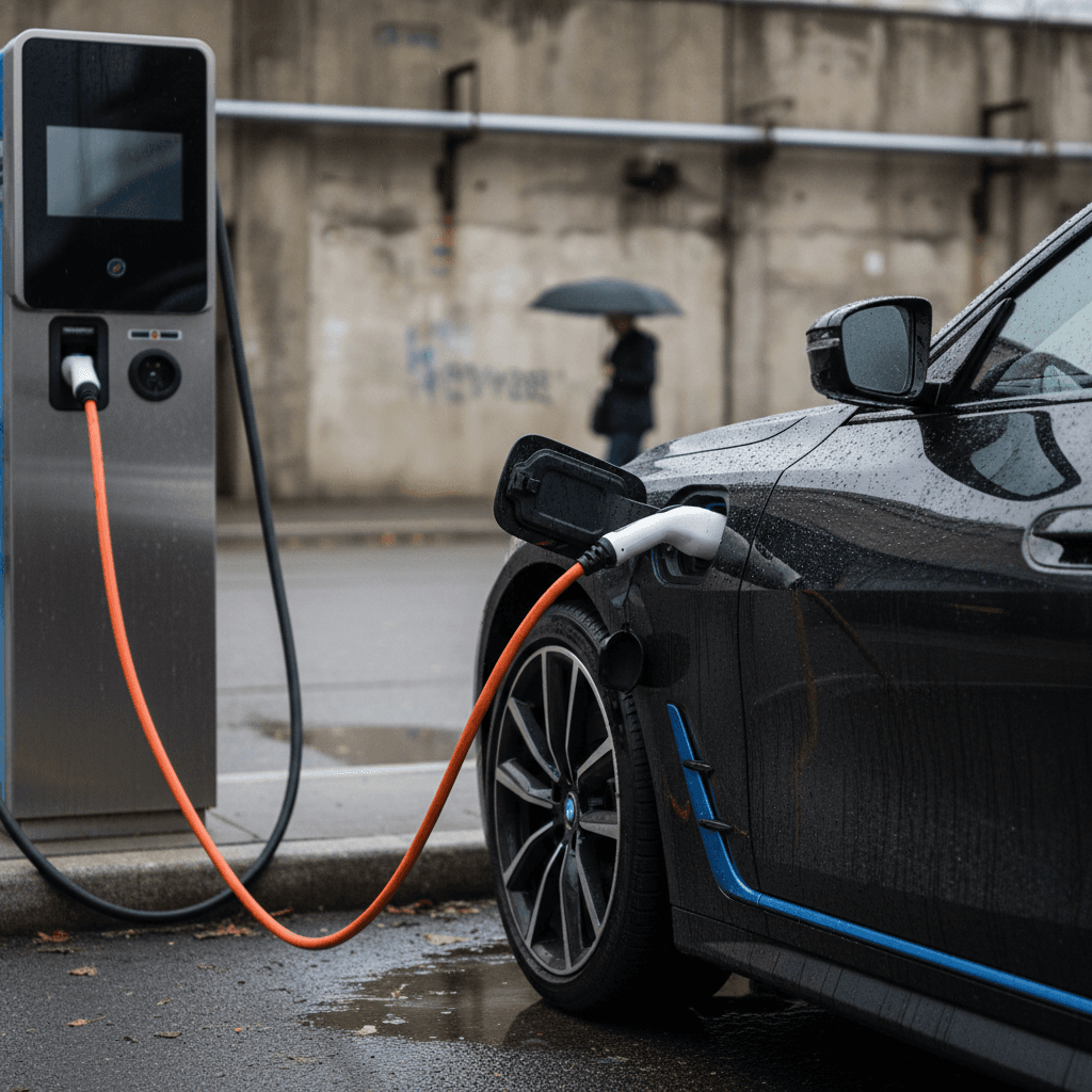 BMW i4 M50 plugged into a public DC fast charger in a parking lot