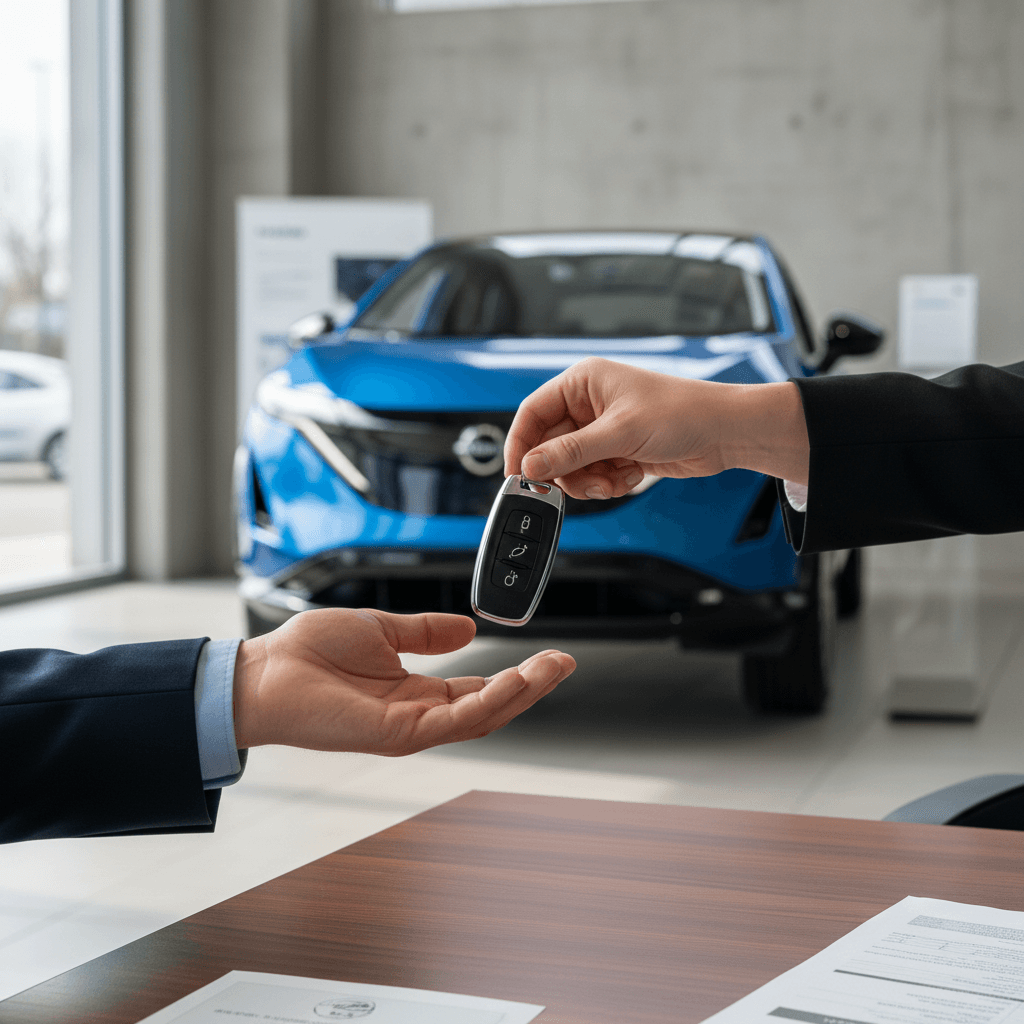 Customer finalizing the sale of a Nissan Ariya with an EV specialist inside a modern showroom