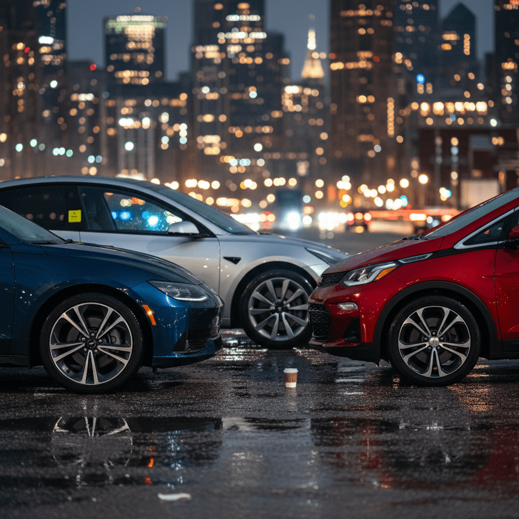 Row of popular electric cars, Hyundai Ioniq 6, Tesla Model 3, Chevy Bolt, lined up in a city rideshare pickup zone at night