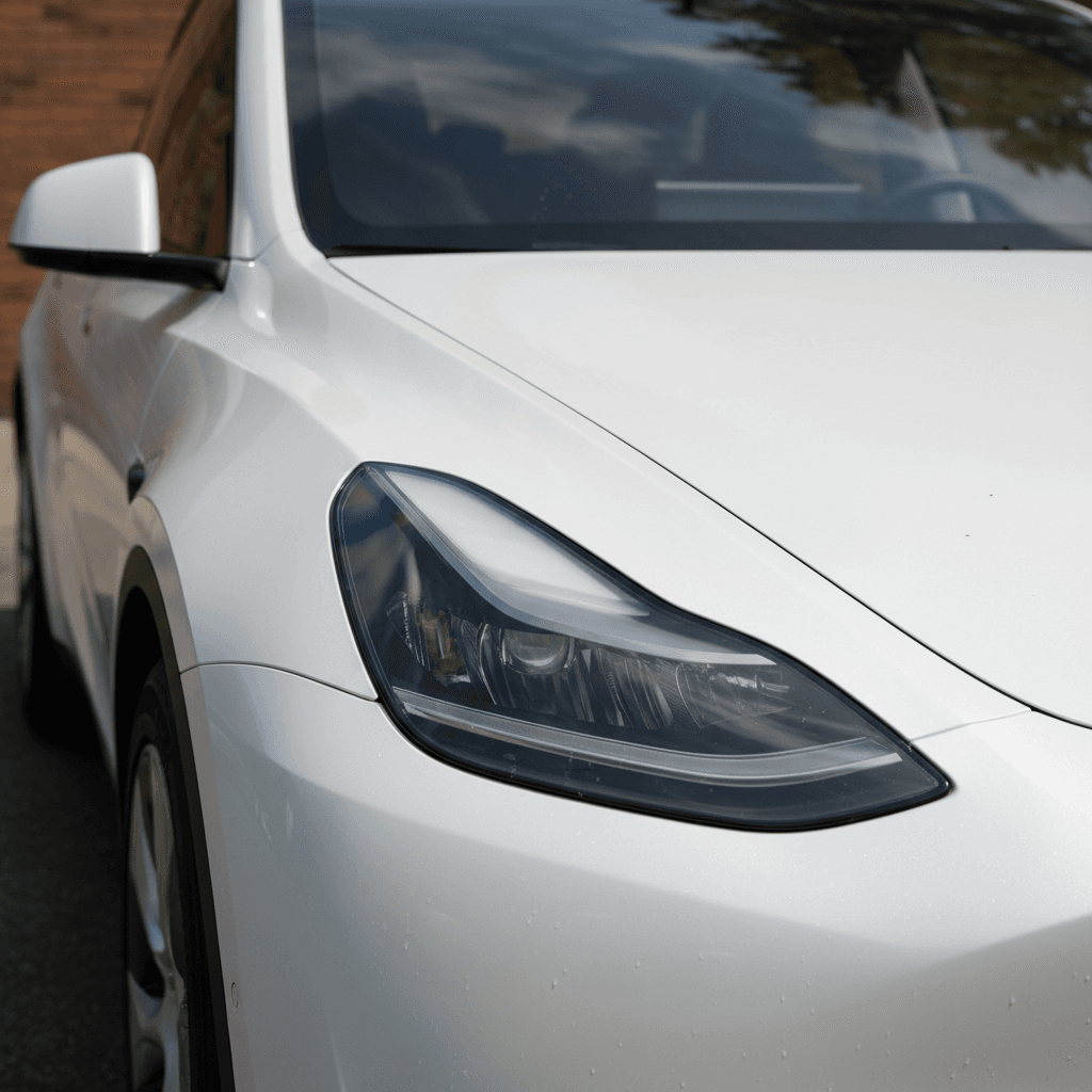 Close view of a 2020 Tesla Model Y showing misaligned headlight and uneven panel gaps around the fender and hood