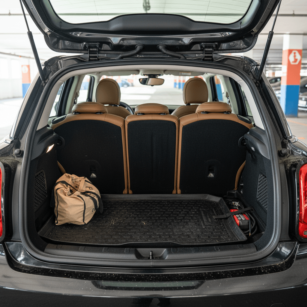 Mini Cooper SE rear cargo area with rear seats folded to show usable luggage space