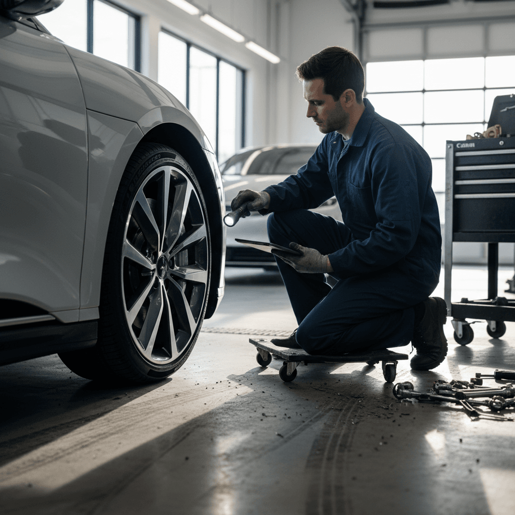 Lucid Air on a lift while a technician checks the wheels and brakes during routine maintenance