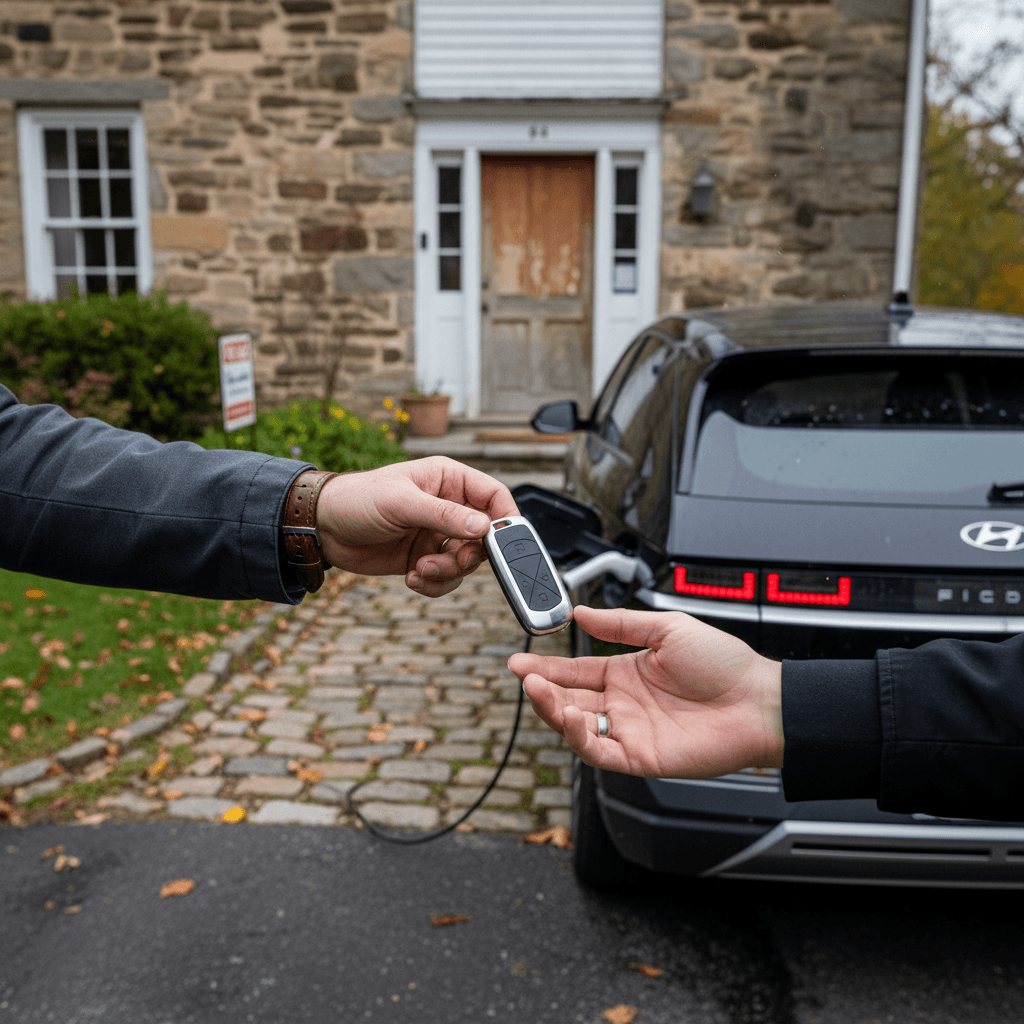 Hyundai Ioniq 5 owner handing keys to a buyer after completing a used EV sale in a Pennsylvania neighborhood