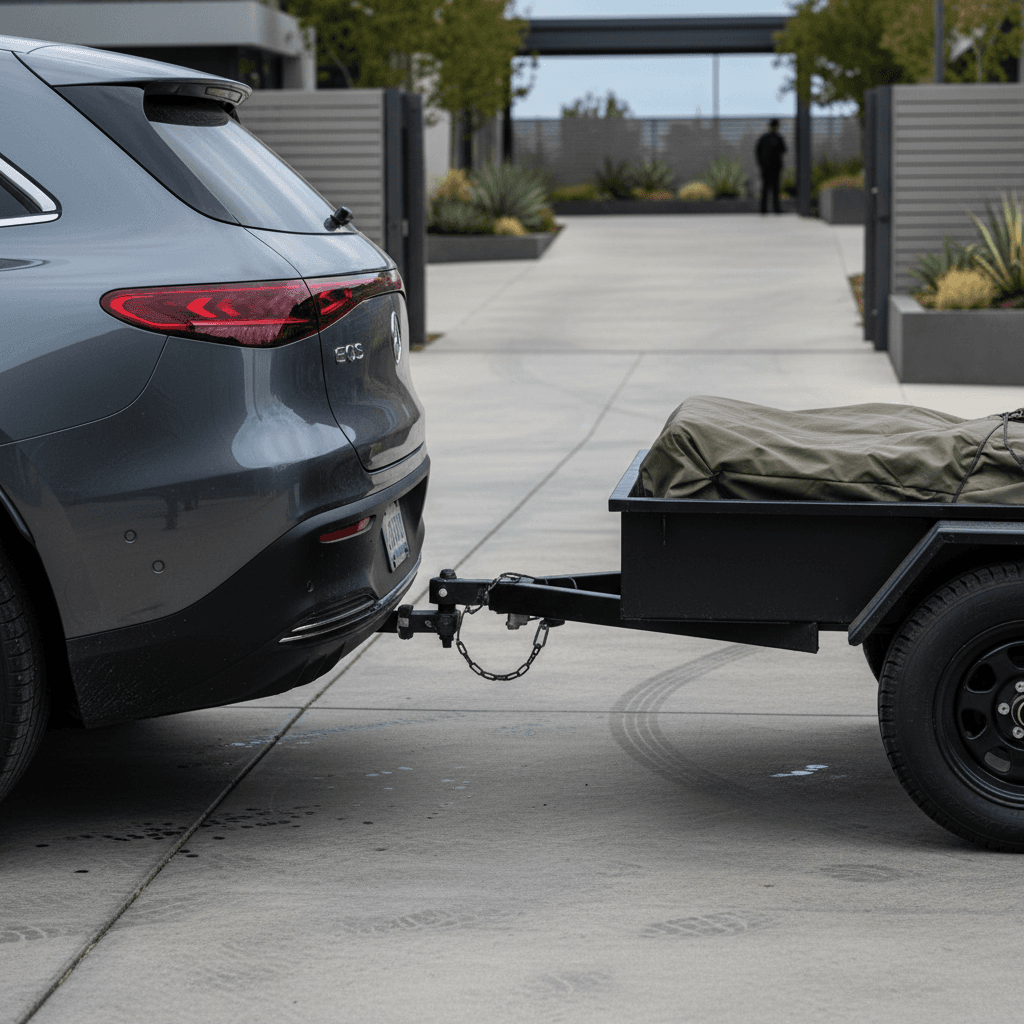 Mercedes EQS SUV with factory tow hitch and compact trailer parked in a driveway, illustrating light-duty towing capability