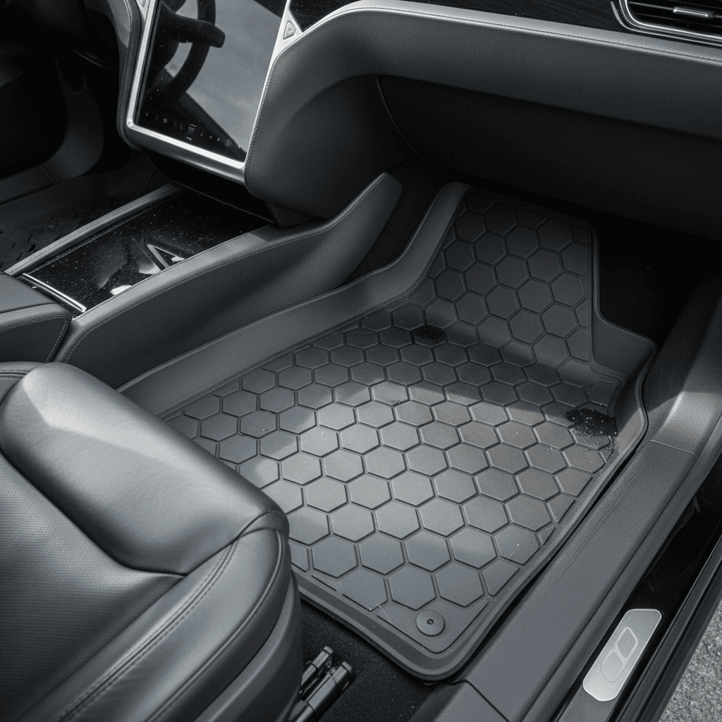 All-weather floor mats installed in the front footwells of a Tesla Model S, showing raised edges and textured surface