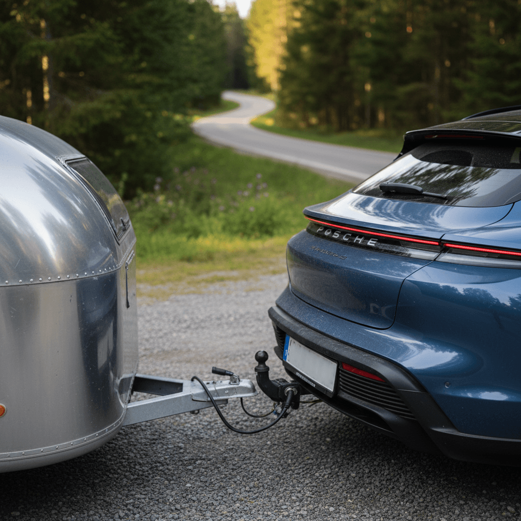 Porsche Taycan Cross Turismo with factory tow hitch pulling a compact camping trailer on a highway