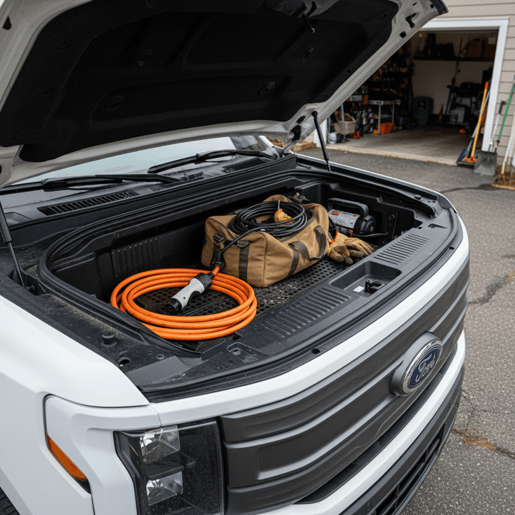 2022 Ford F-150 Lightning with its large front trunk open, showing storage space and charging cable