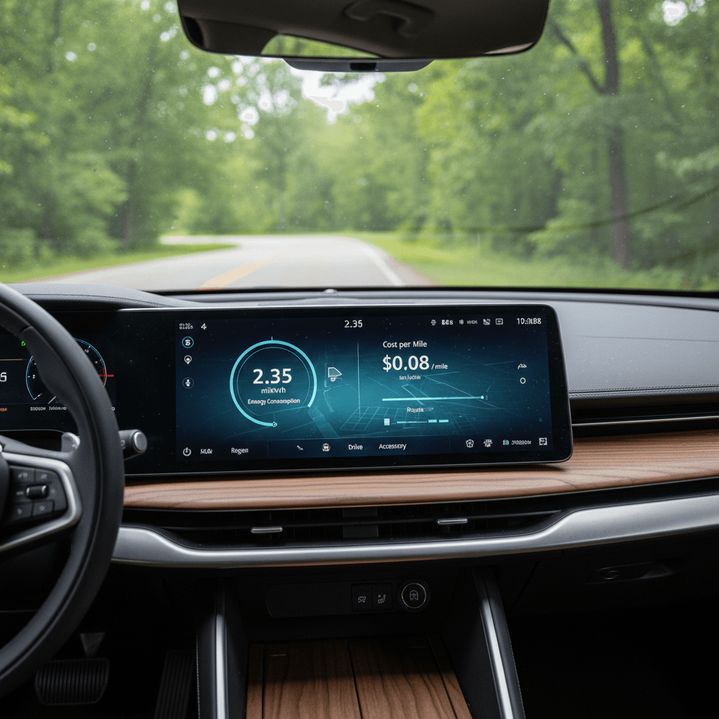 Lucid Air interior display showing detailed energy consumption data and cost per mile estimates