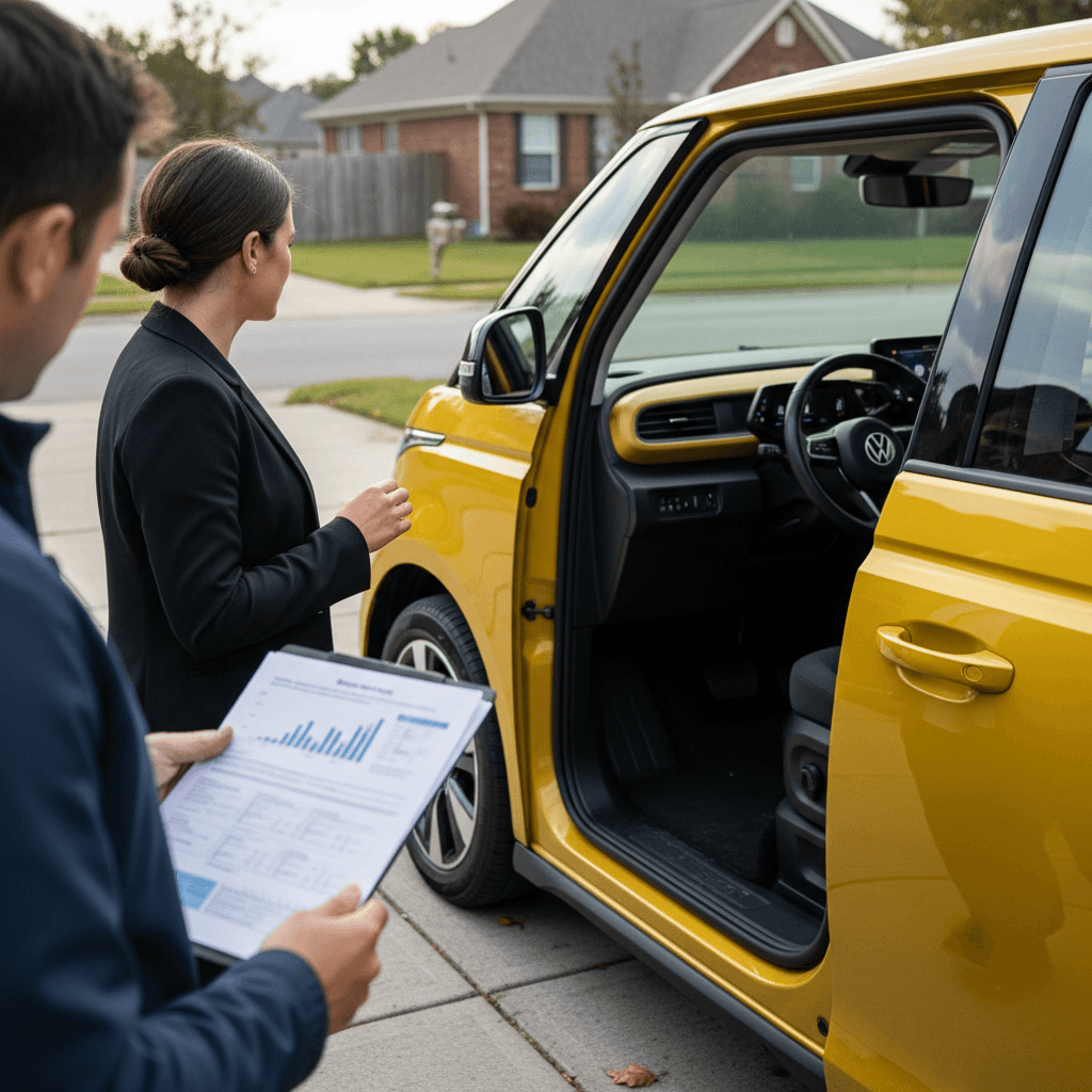 Insurance agent and VW ID. Buzz owner reviewing coverage options next to a yellow electric van in a driveway