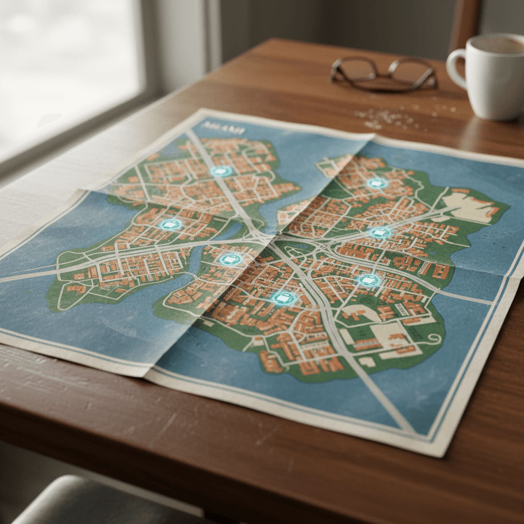 Stylized map of Miami showing clusters of EV charging stations along downtown, beaches, and major highways