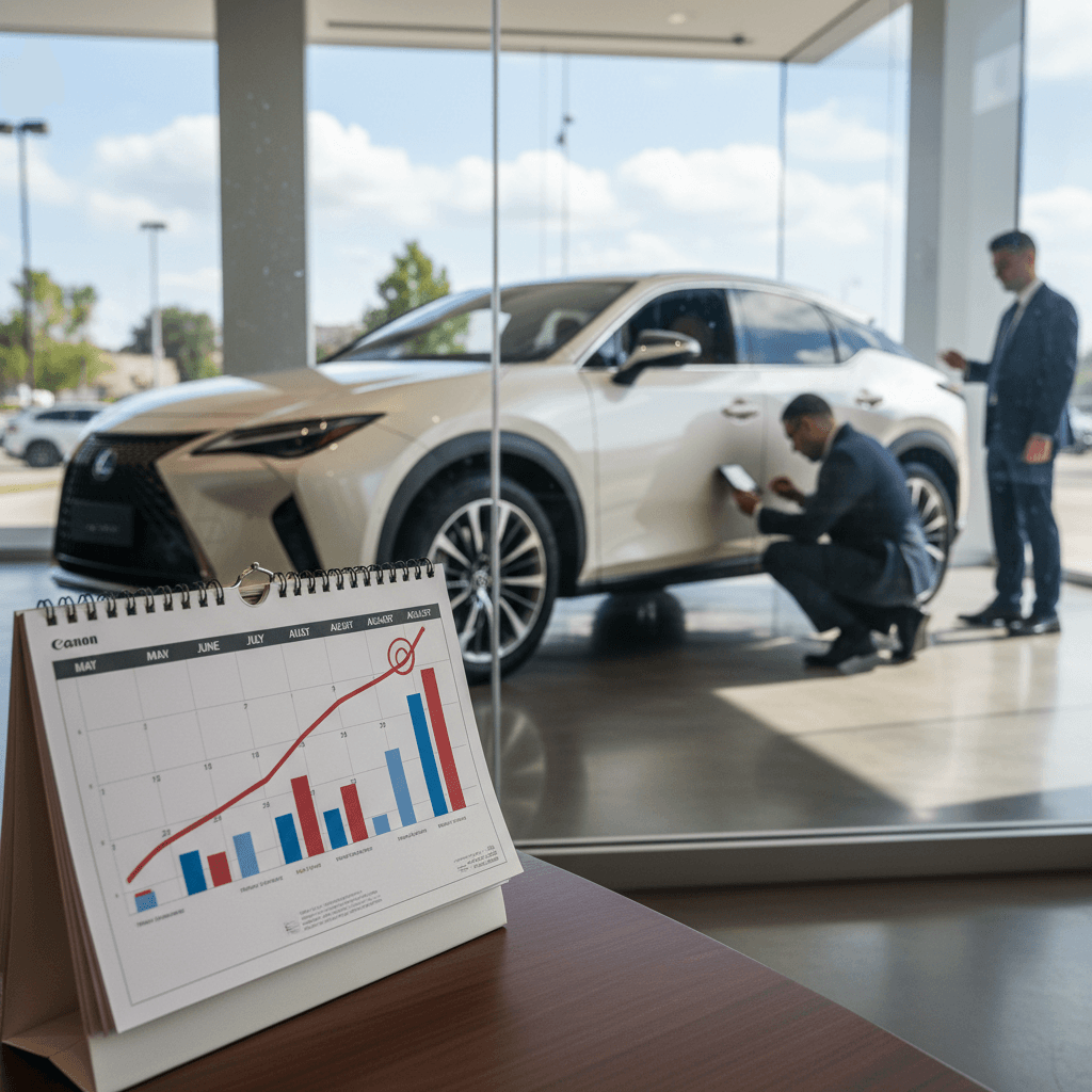 Calendar highlighting April through early June as the best months to sell a Lexus RZ 450e, with an appraiser inspecting the EV