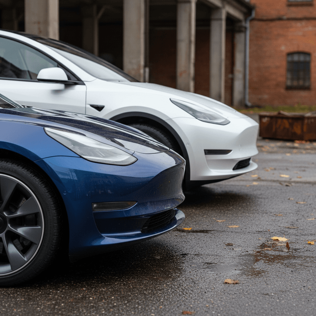 Tesla Model 3 sedan and Model Y SUV parked side by side in a lot