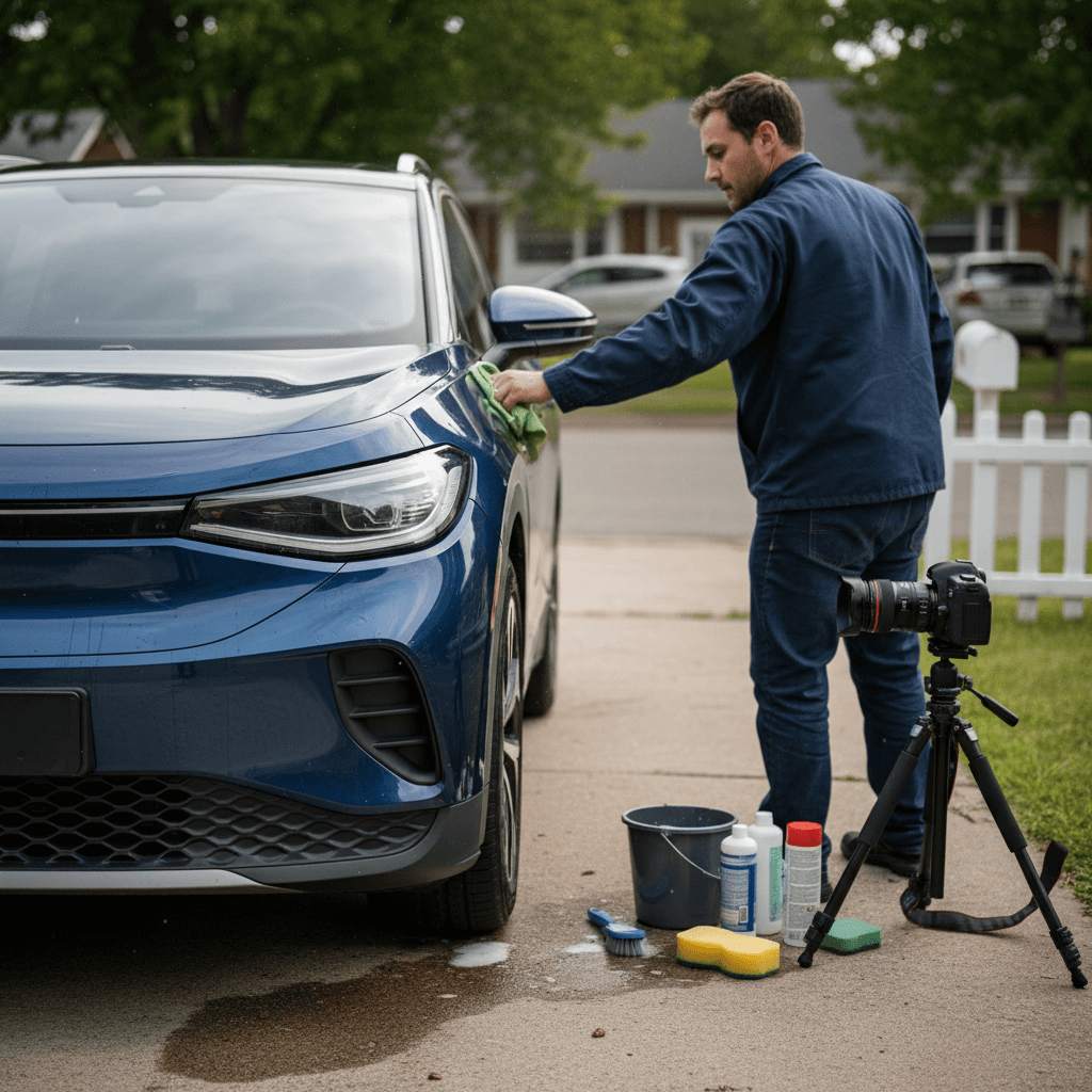 Volkswagen ID.4 owner cleaning the exterior and photographing the EV before listing it for sale