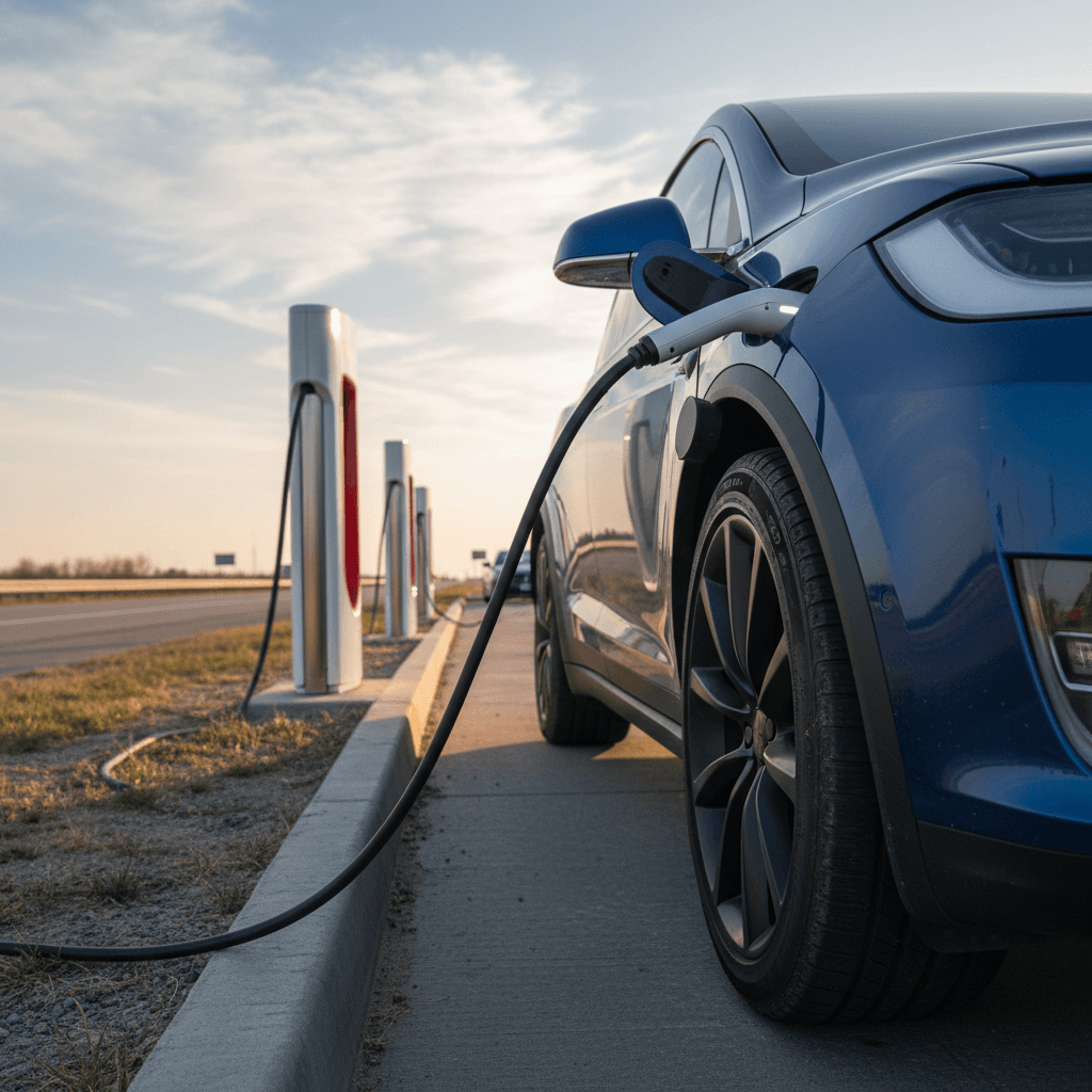 Family loading luggage into a Volkswagen ID.4 while it charges at a highway DC fast charging station