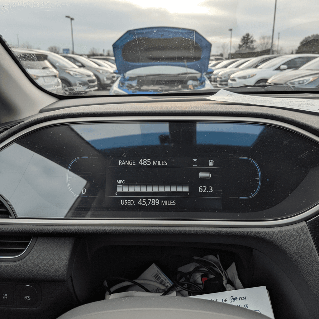 Hybrid car dashboard showing high fuel economy on trip computer
