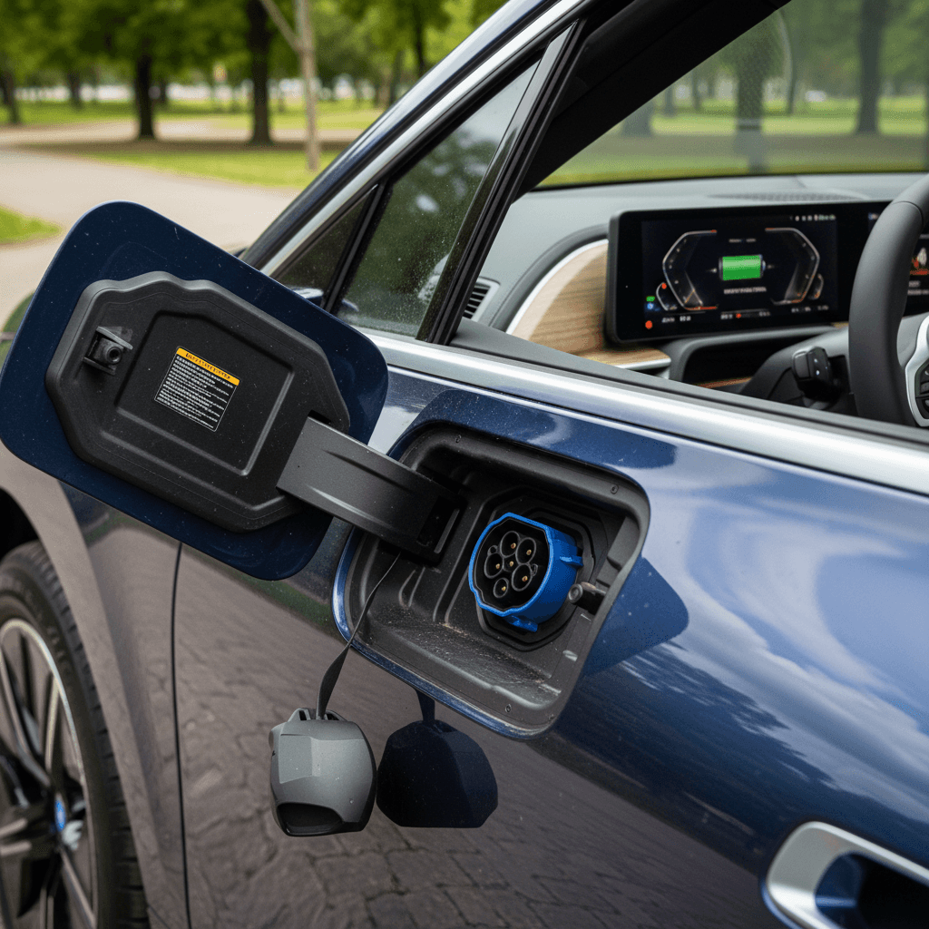 BMW iX charging with dashboard display showing state of charge and range estimate, emphasizing battery health