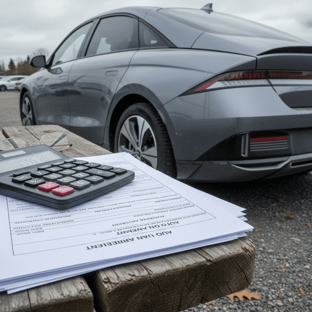 Driver reviewing used Hyundai Ioniq 6 financing options and monthly payment numbers at a desk