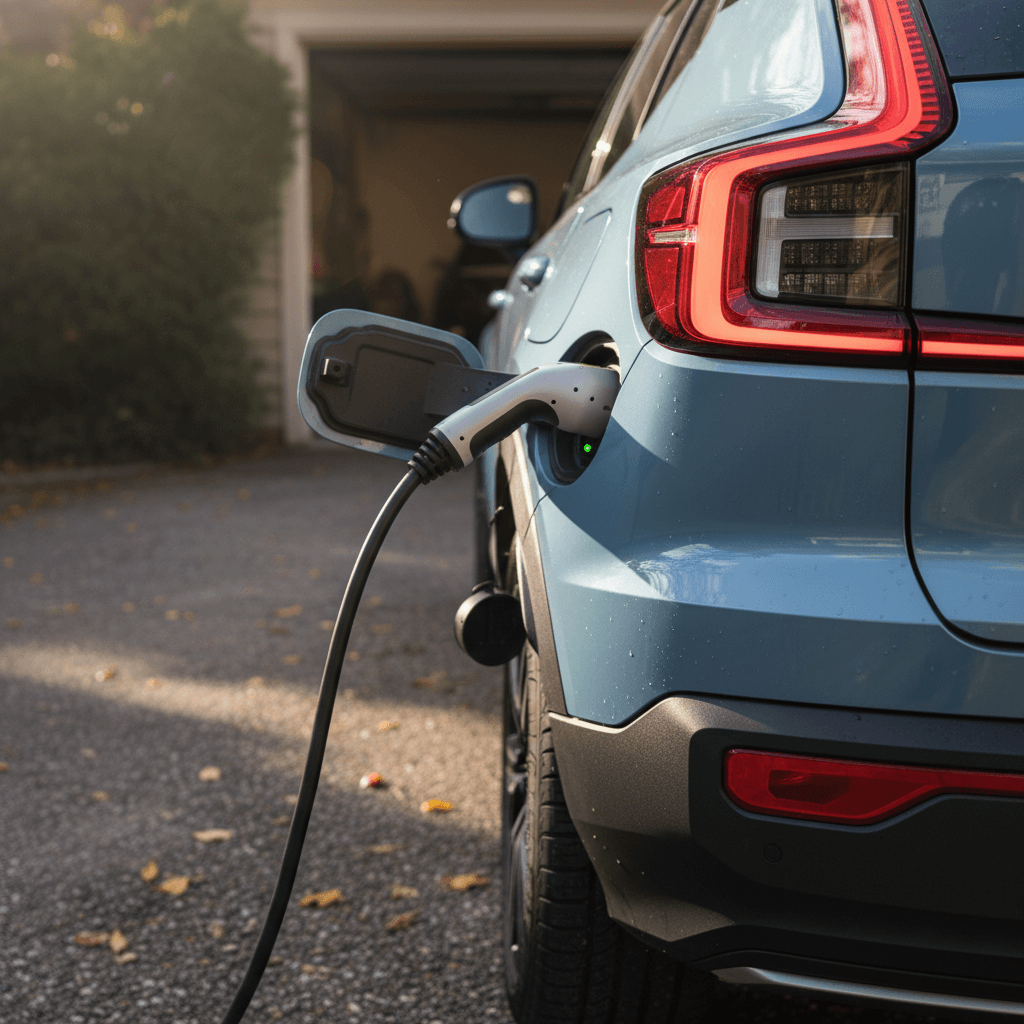 Volvo EX30 charging at a home driveway, focusing on the charging port and taillight to highlight EV ownership and resale value