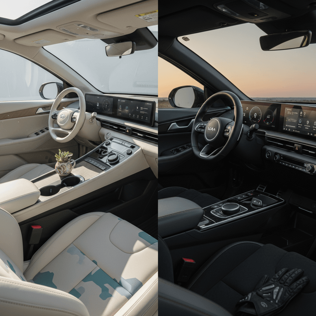 Side-by-side view of the Hyundai Ioniq 5’s airy cabin and the Kia EV6’s more driver-focused cockpit