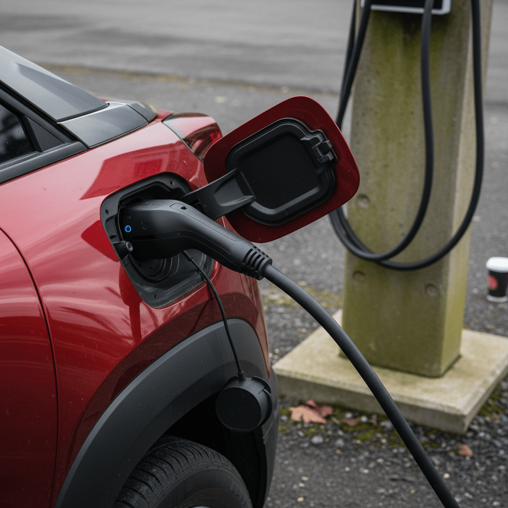 Close-up of a Mazda MX-30 charging port with a cable connected, highlighting the EV battery system