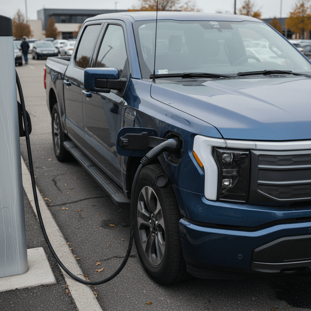 Electric pickup truck towing a trailer on an open highway