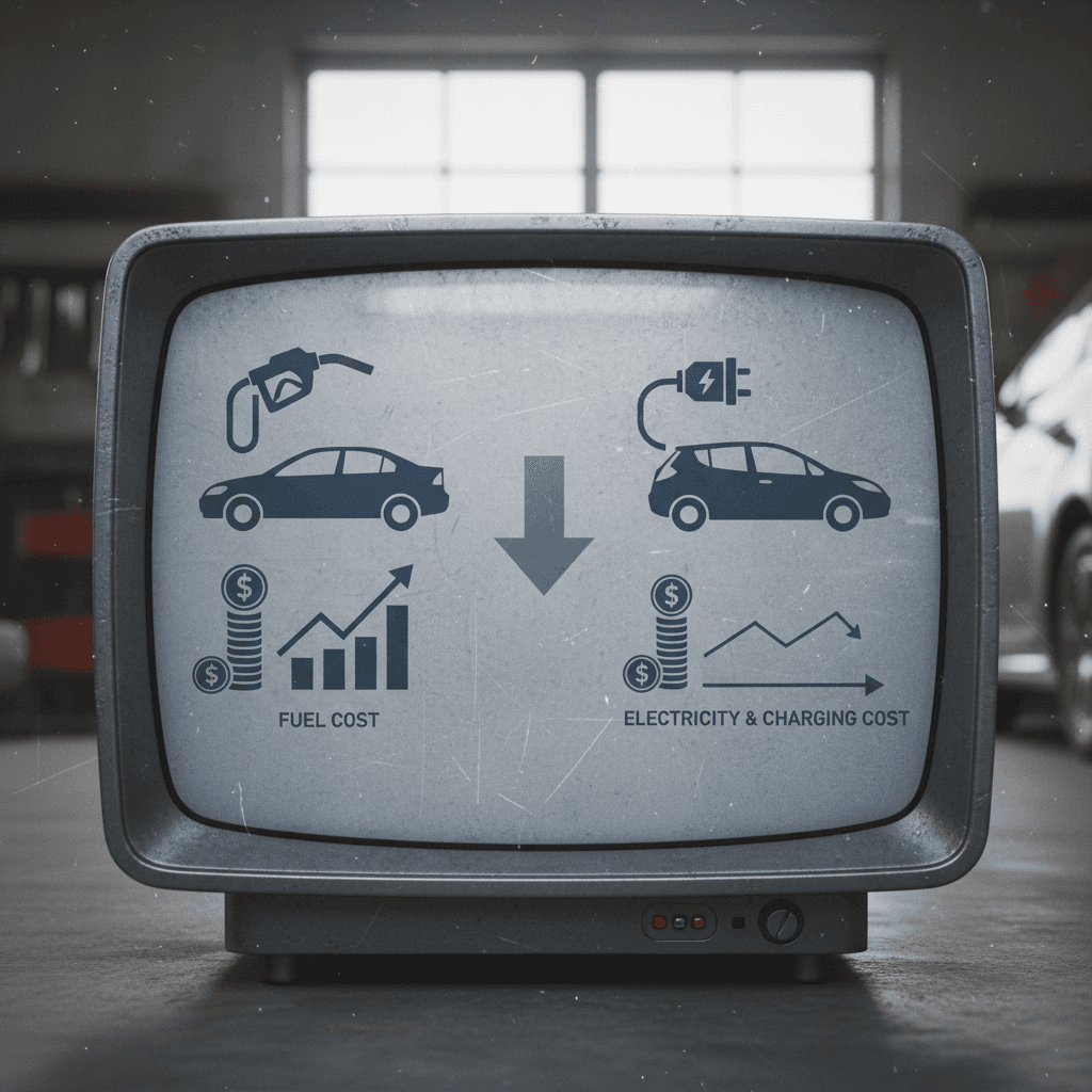 Icons showing a fuel pump next to a gasoline car and a charging plug next to an electric car to illustrate cost differences per mile