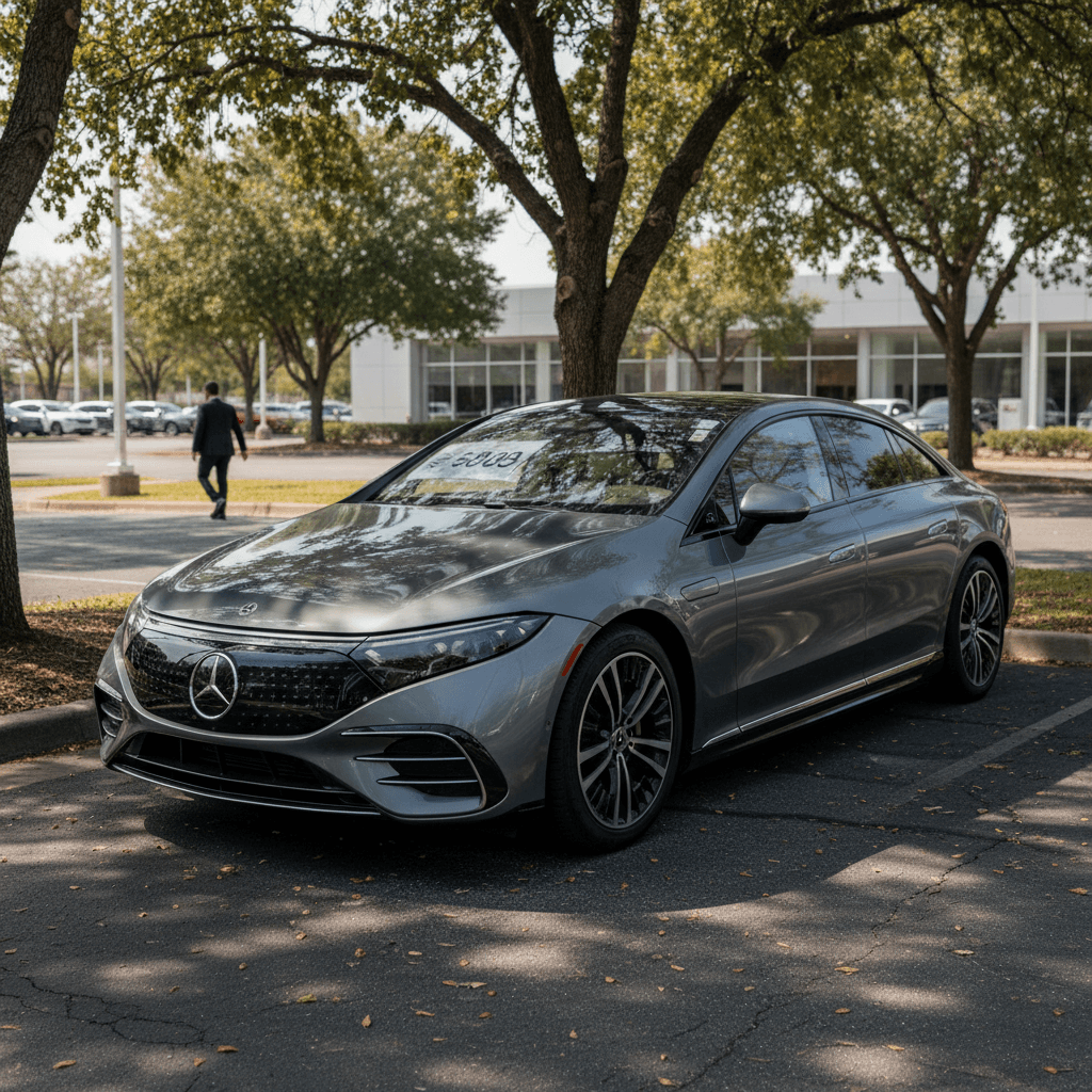 Used Mercedes EQS sedan on a dealer lot with price sticker in windshield, illustrating steep resale discounts in 2026