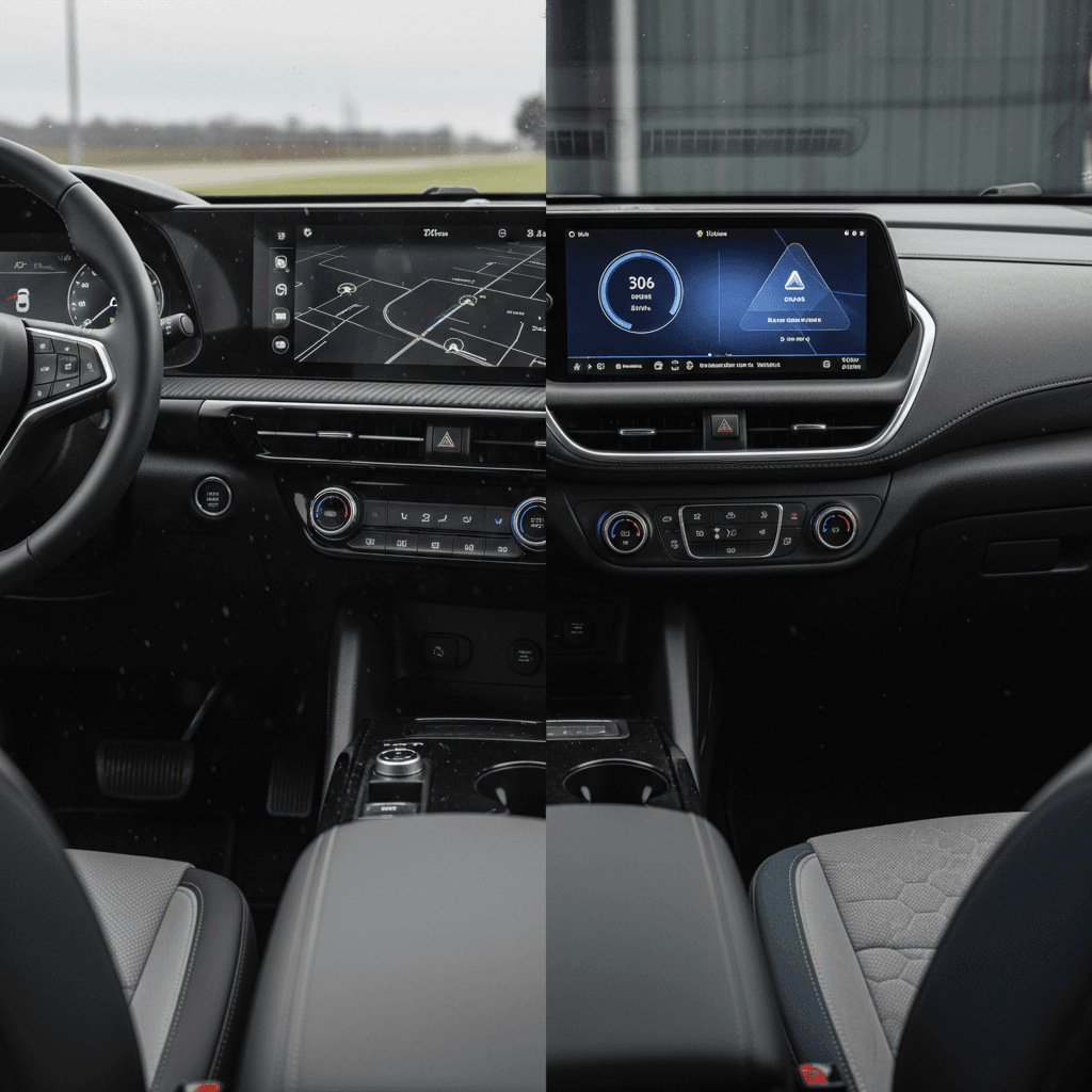 Interior view comparing Kia EV6 and Chevy Equinox EV cabins, showing digital screens and seating layout