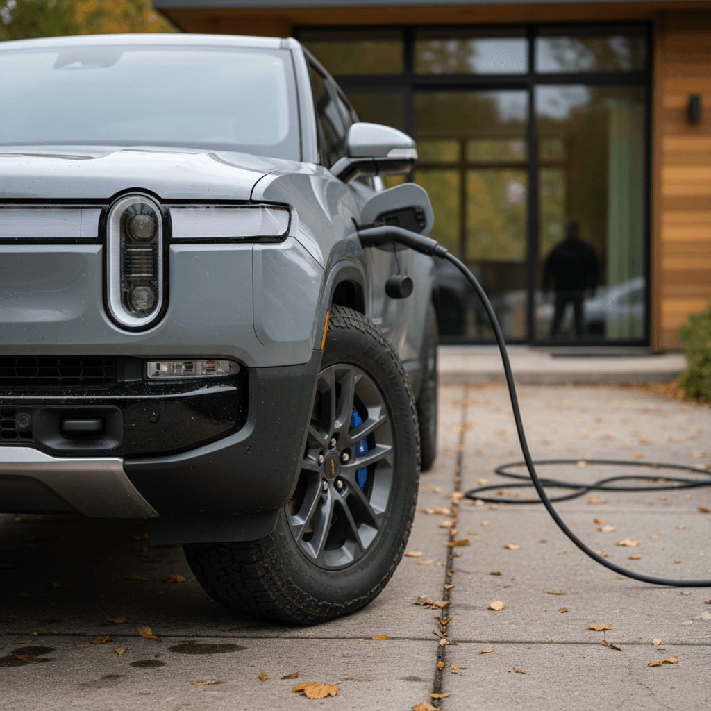 Rivian R1T parked in a driveway highlighting panel gaps, trim fit, wheels and body lines