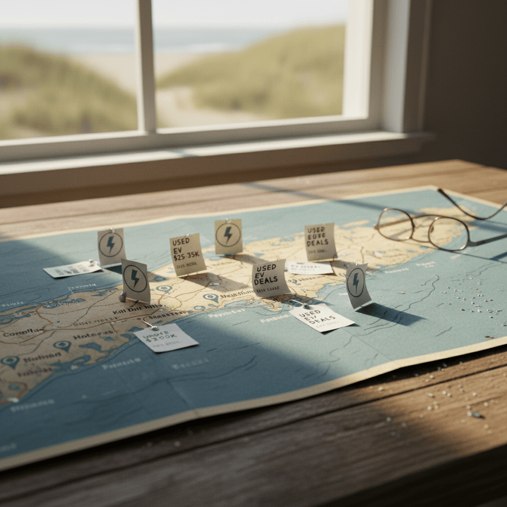 Illustrated Outer Banks map showing key EV charging locations from Corolla to Nags Head and typical driving distances from mainland North Carolina cities.