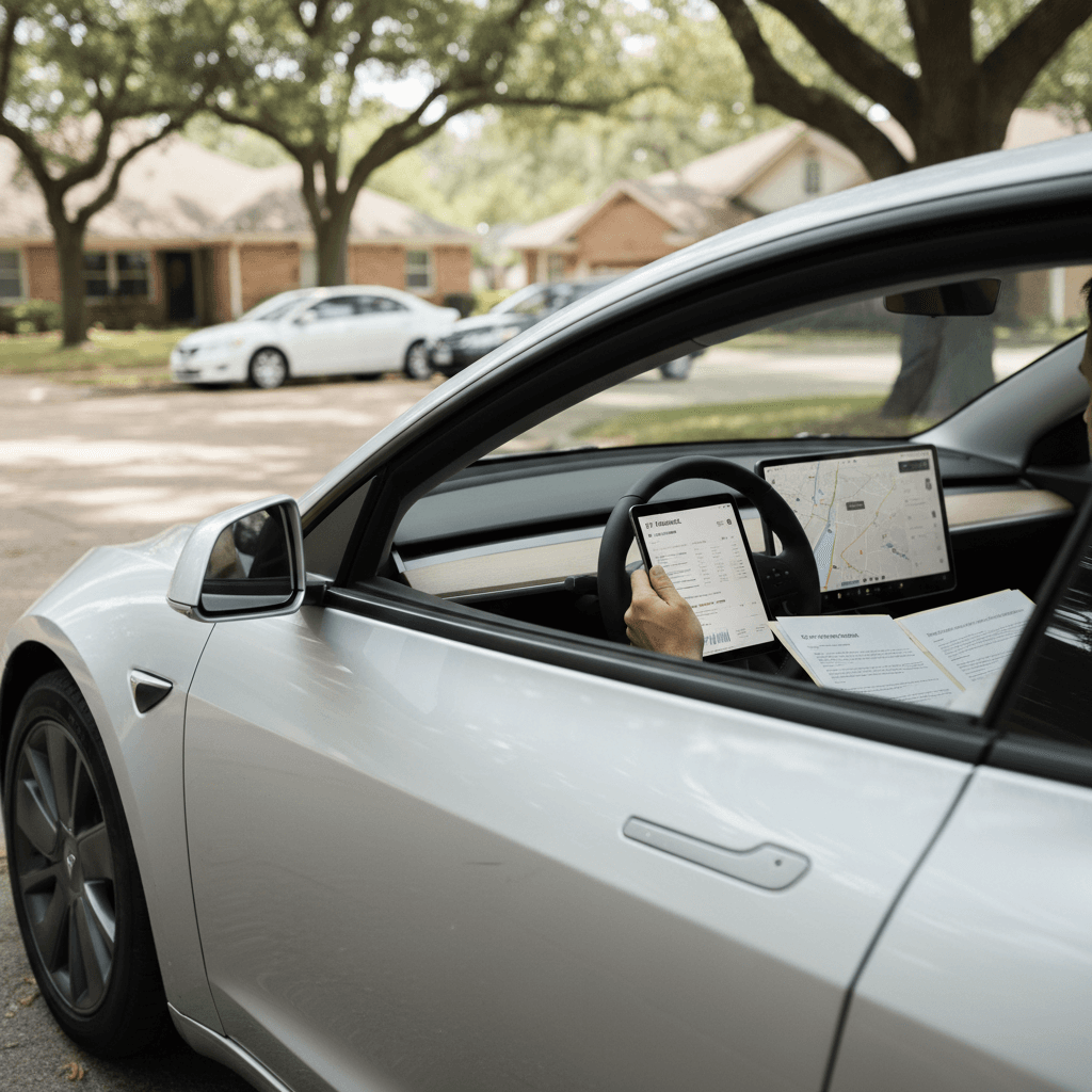 Driver reviewing car insurance options on a laptop next to a parked Tesla Model 3 in a quiet neighborhood street