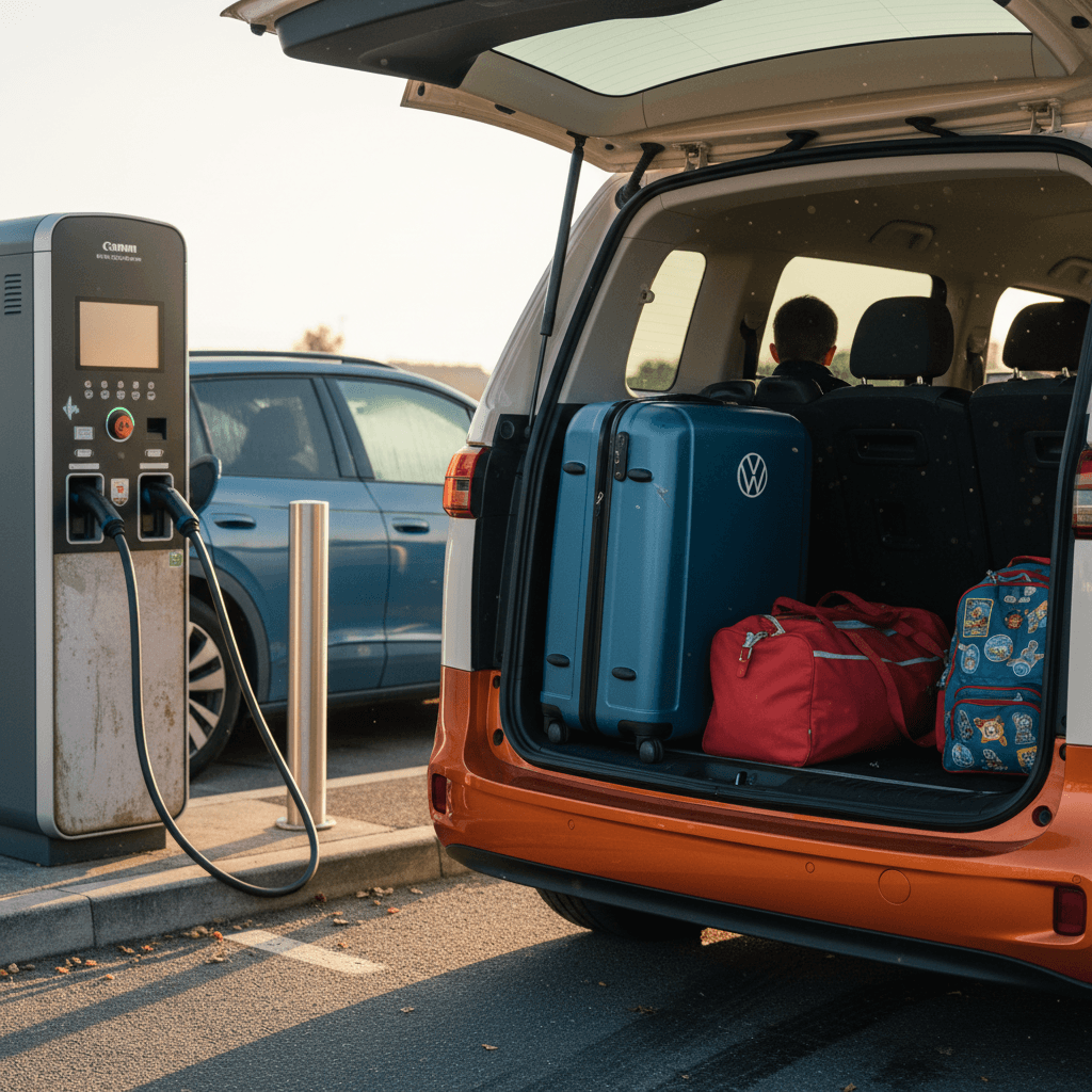 Family loading luggage into a Volkswagen ID. Buzz while it fast charges on a road trip