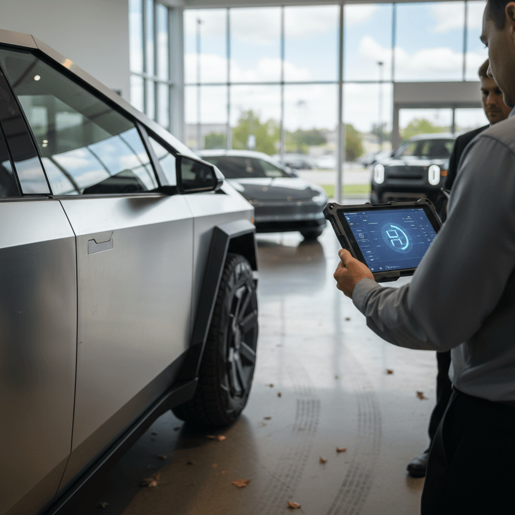 Sales advisor using a tablet to appraise a used Tesla Cybertruck trade-in