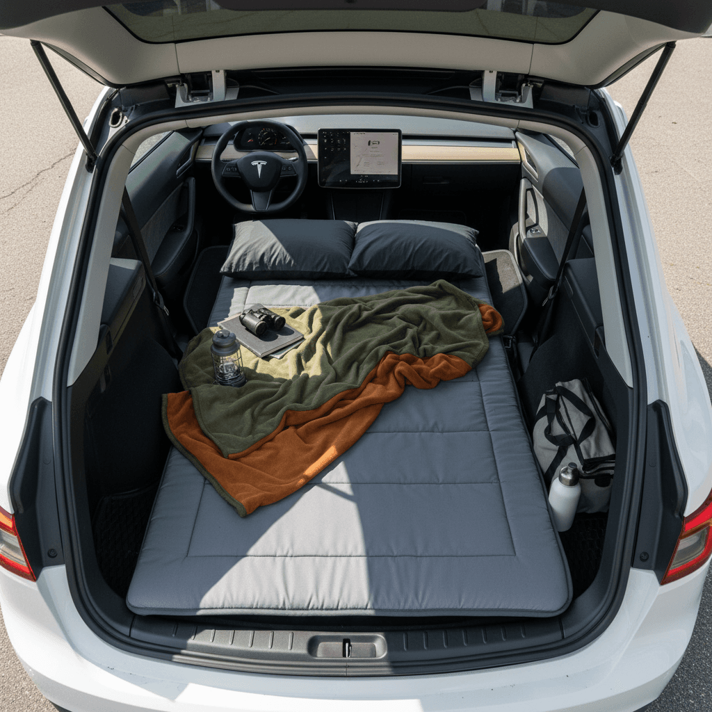Overhead view of a Tesla Model Y interior with the rear seats folded down and a camping mattress laid out from hatch to front seats