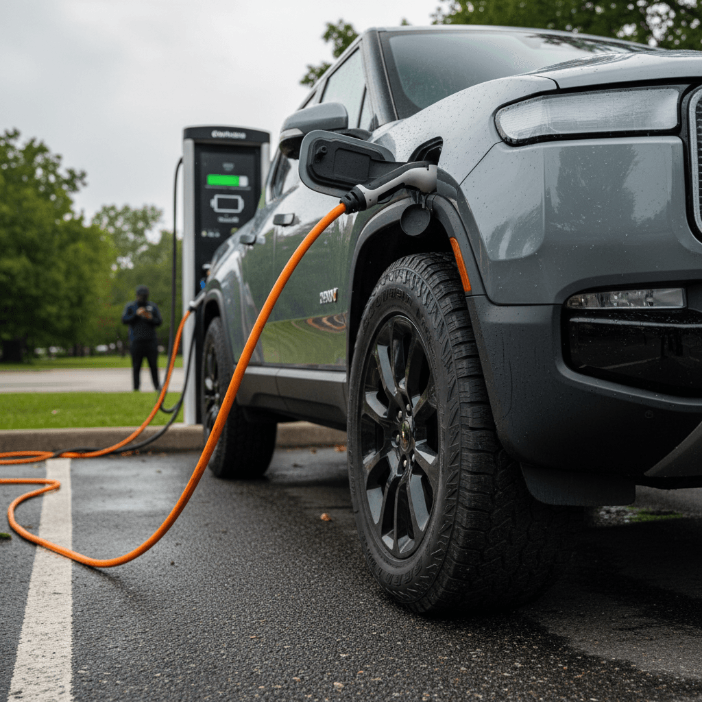 2022 Rivian R1T plugged into a DC fast charger showing wheel and tire setup that affects range
