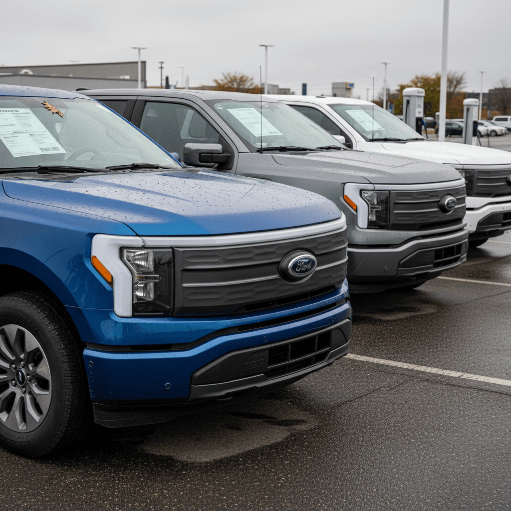 Row of used 2024 Ford F‑150 Lightning trucks on a dealer lot, each with pricing on the windshield