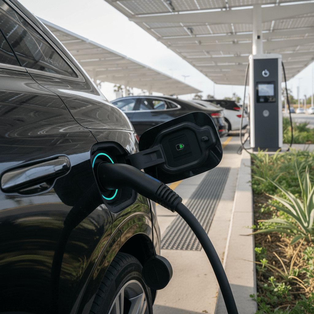 Genesis Electrified GV70 charging at a high-speed DC fast charger during a highway road trip stop