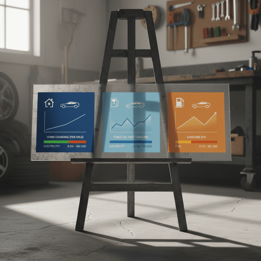 Comparison graphic showing Ford Mustang Mach‑E cost per mile for home charging, public fast charging, and a gasoline SUV