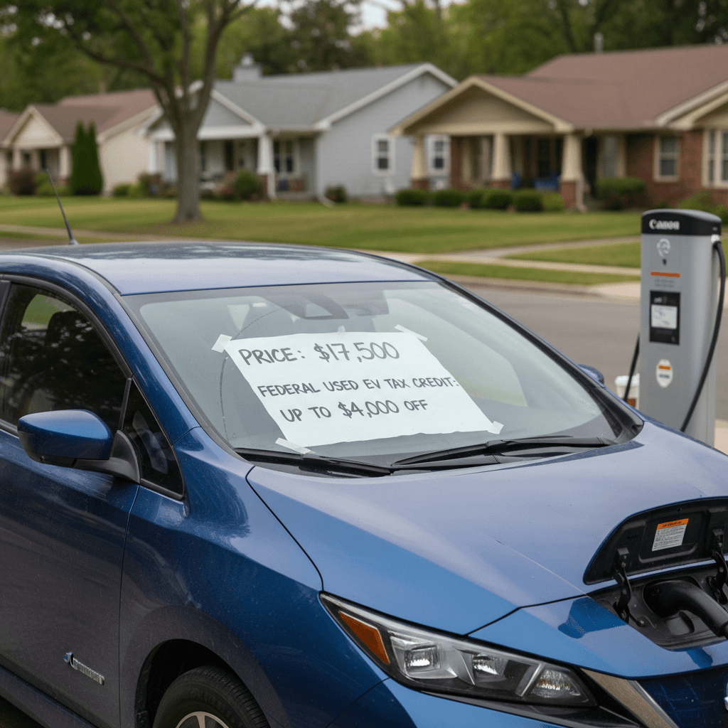 Used electric vehicle at a dealership with sale price and former tax credit callout on the windshield