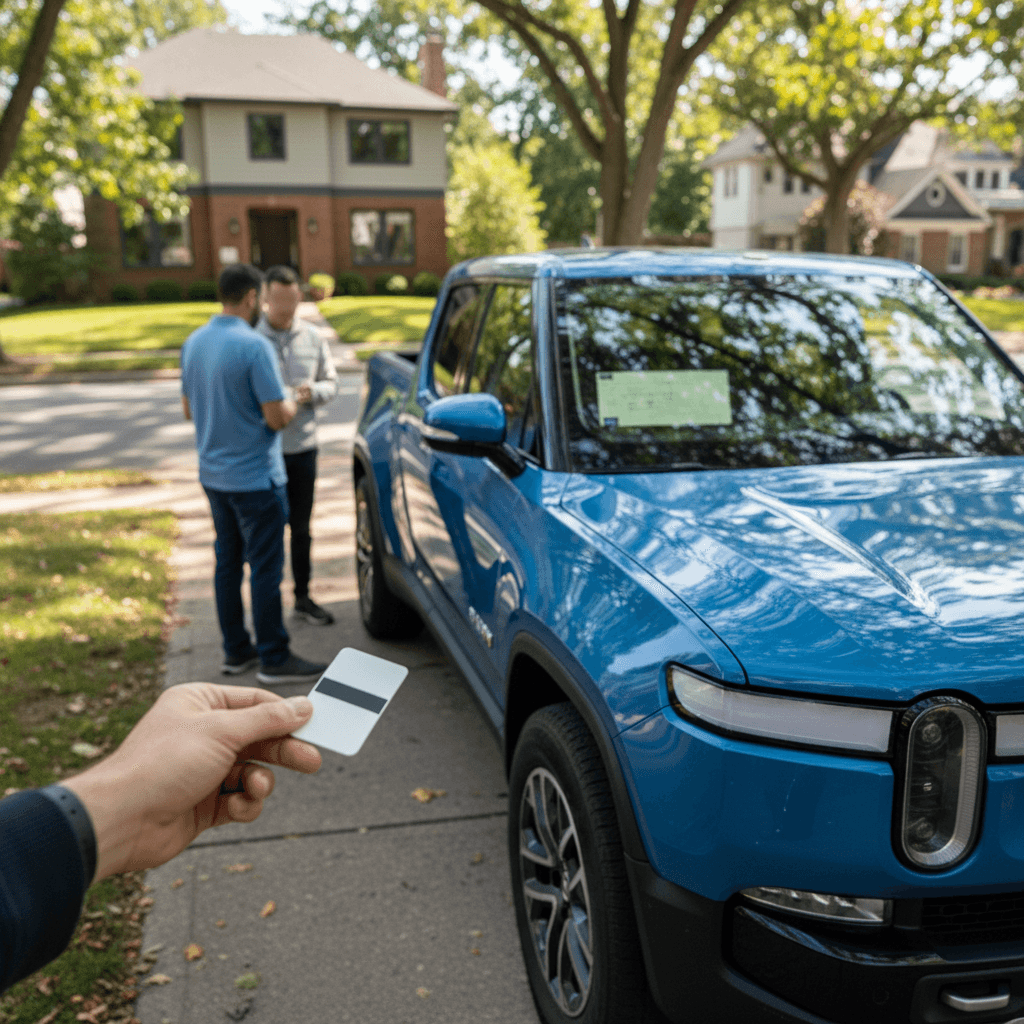 Seller and buyer standing beside a Rivian R1T, reviewing documents and keys after a successful private sale.